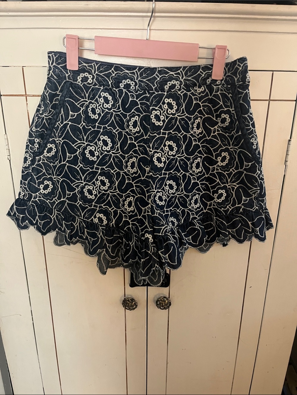 Mauve Navy Floral Embroidered Ruffle Hem Shorts